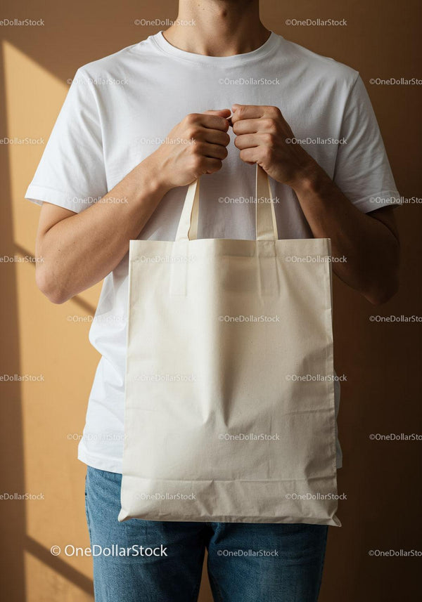 Man holding blank cotton tote bag in natural light JPG Mockup Image