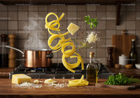 Fresh pasta with cheese parsley and olive oil in kitchen