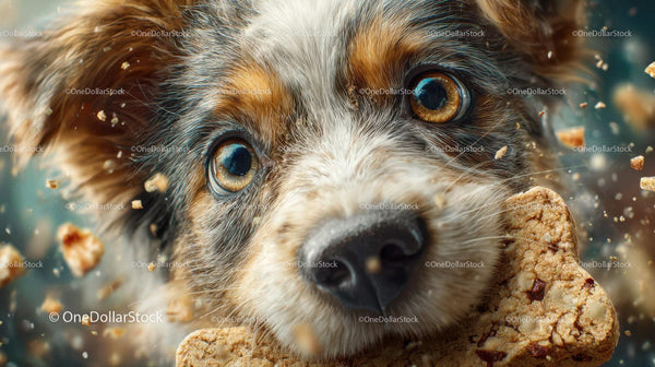 Close-up of a Cute Furry Puppy with Cookies and Bright Eyes