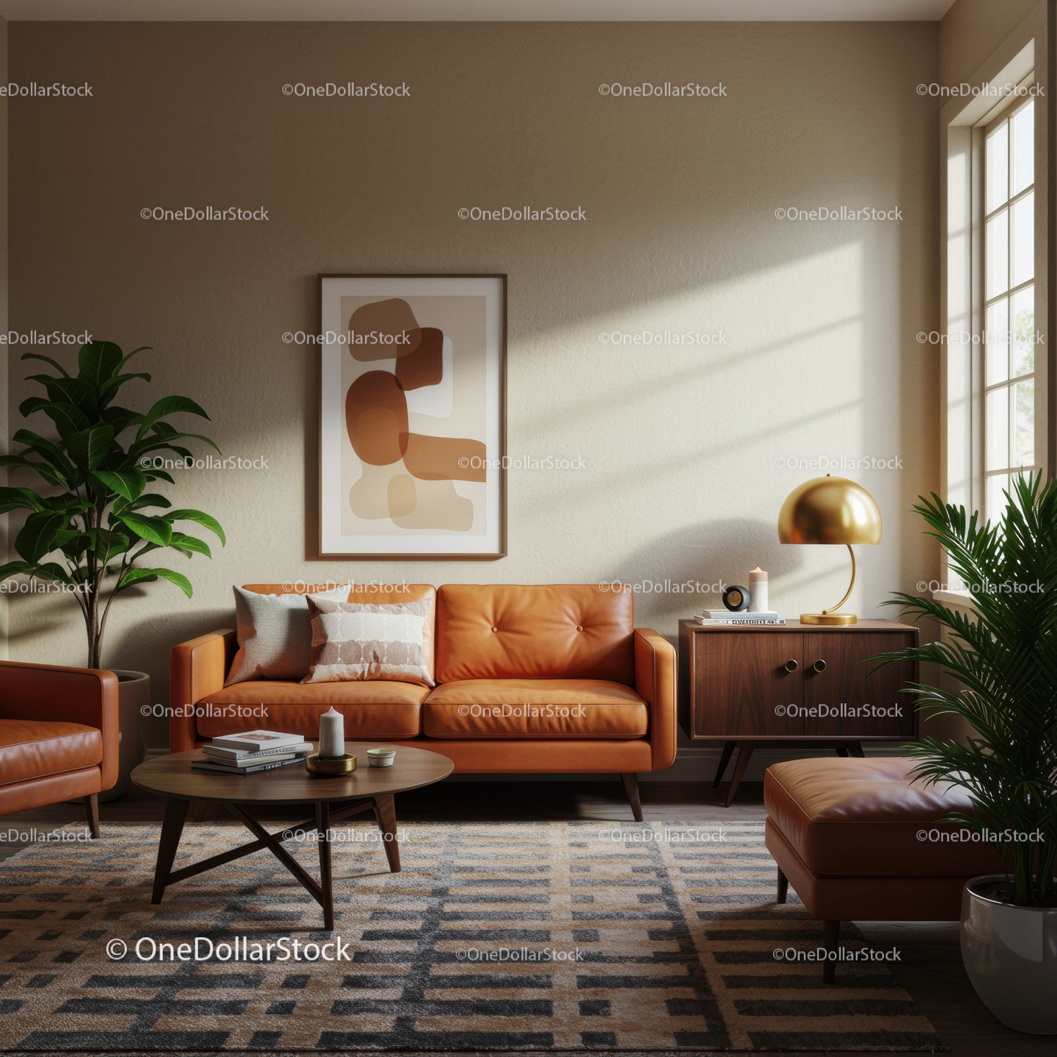 Cozy modern living room with warm leather sofa and plants
