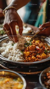 Close-Up of Hand Serving Rice and Spicy Curry on Silver Platter