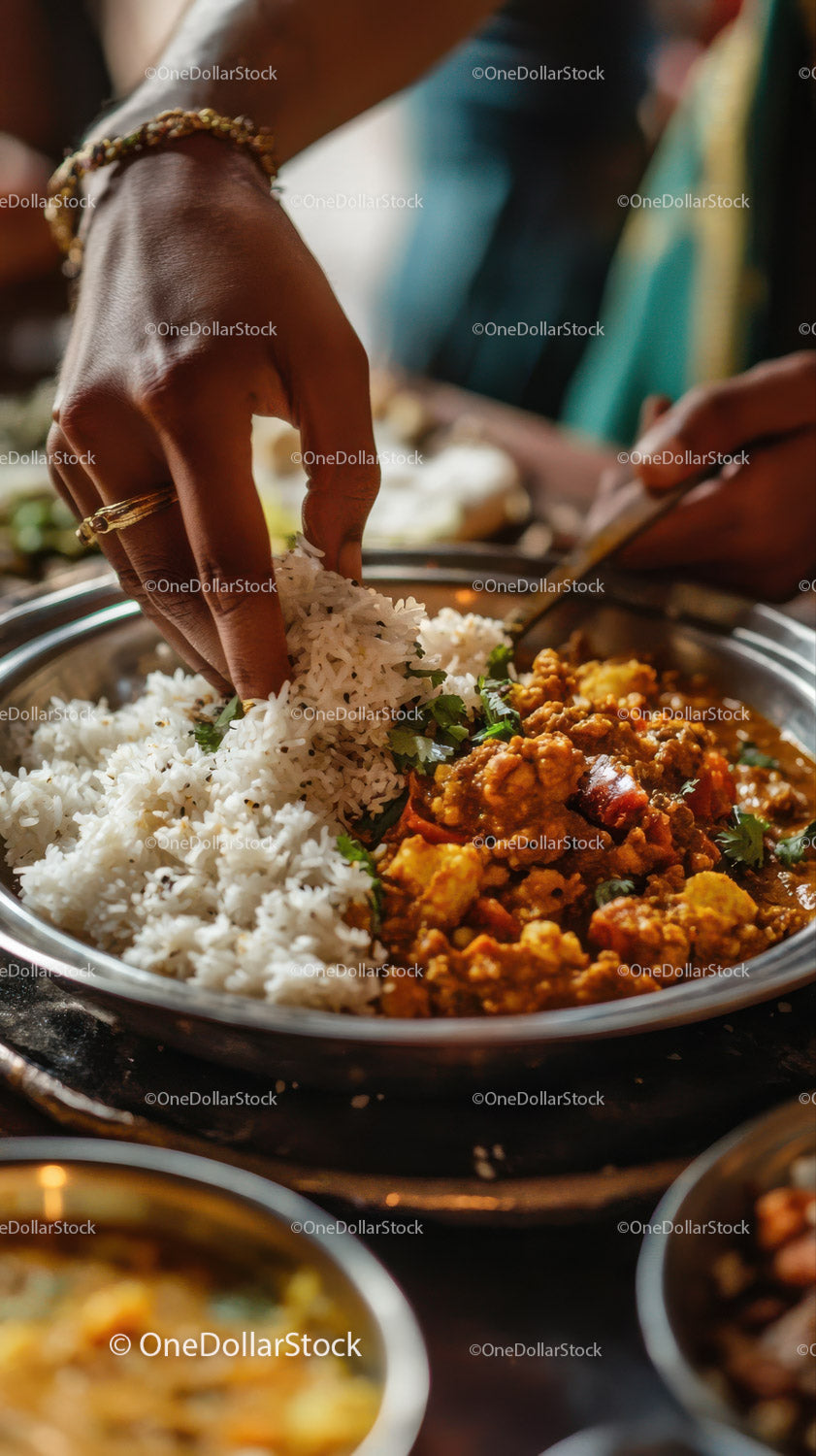 Close-Up of Hand Serving Rice and Spicy Curry on Silver Platter
