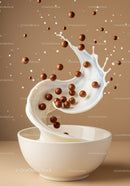 Chocolate cereal balls splashing into creamy milk bowl