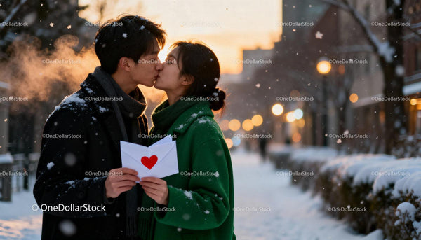 Romantic couple kissing outdoors holding heart envelope