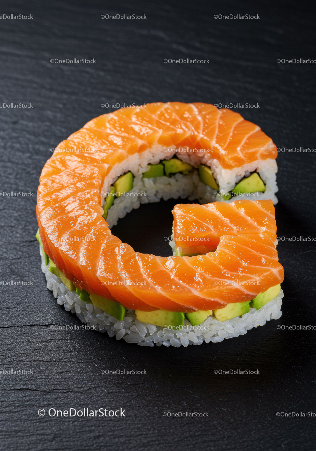 Sushi ring with fresh salmon and avocado slices