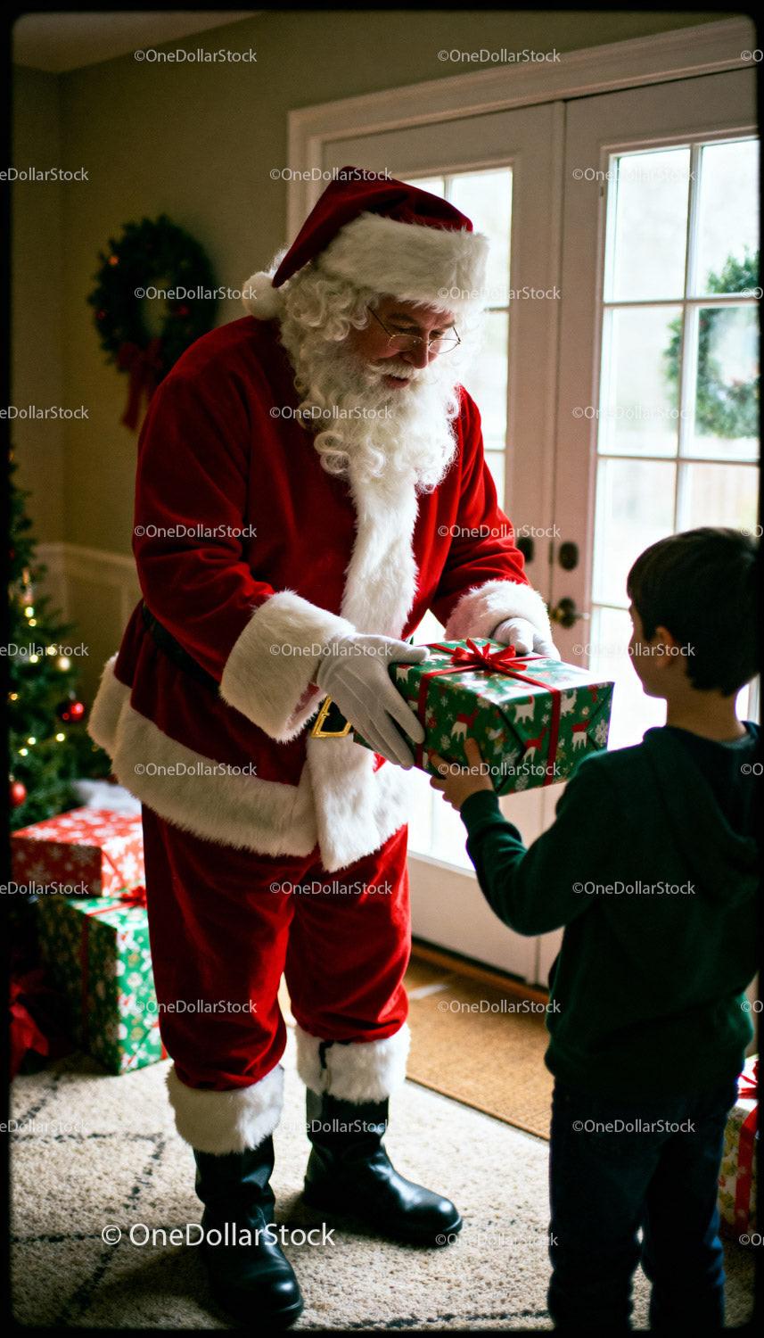 Santa Claus handing gift to child in cozy home
