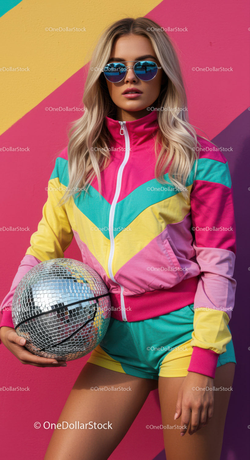 Vibrant Fashion Model in Colorful Tracksuit with Disco Ball