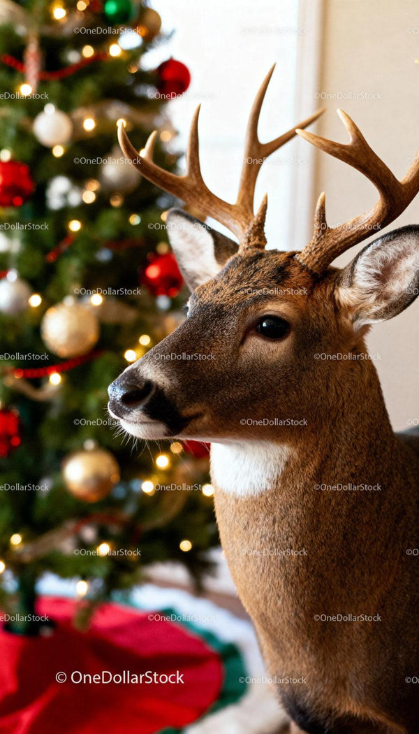 Close-up of Deer Head with Christmas Tree in Background