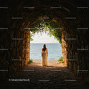 Woman Standing at Beach Cave with Sea View and Lush Greenery