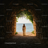 Woman Standing at Beach Cave with Sea View and Lush Greenery