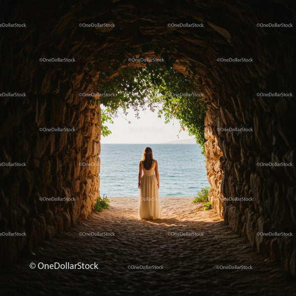 Woman Standing at Beach Cave with Sea View and Lush Greenery