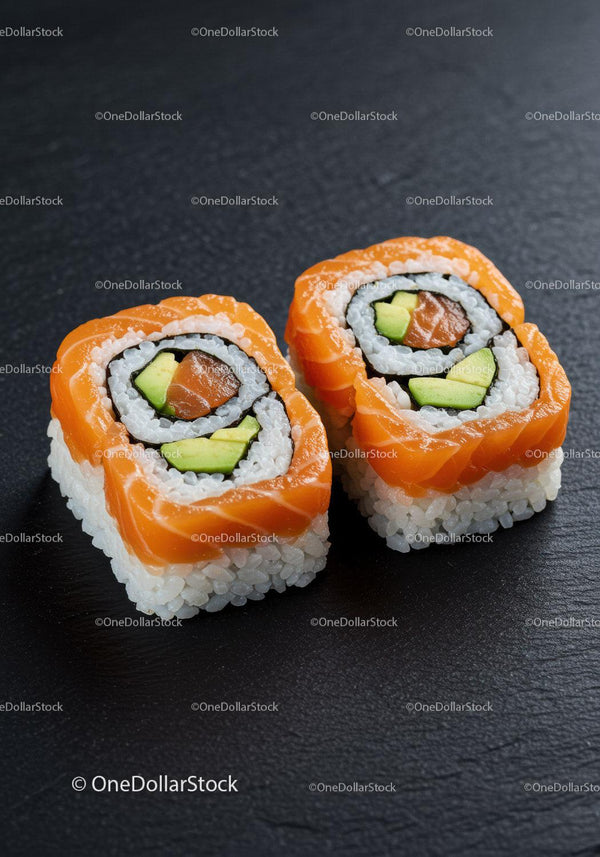 Fresh salmon avocado sushi rolls on dark slate plate