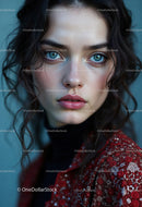 Elegant Young Woman with Blue Eyes in Red Embroidered Dress