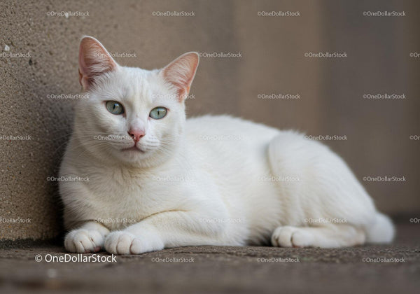 Calm white cat resting by textured wall indoors