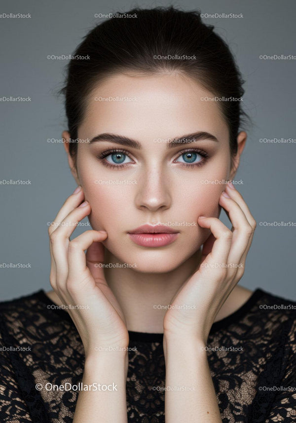 Elegancki Portret Młodej Kobiety z Niebieskimi Oczami i Nieskazitelną Skórą