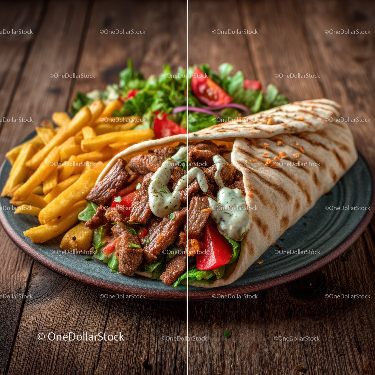 Grilled Meat and Fresh Vegetable Falafel Wrap with Fries