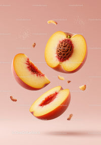 Fresh peach halves with pit floating on pink background