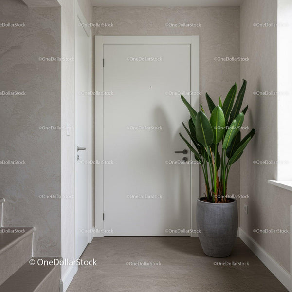 Modern Minimalist Home Entrance with Green Foliage and White Door
