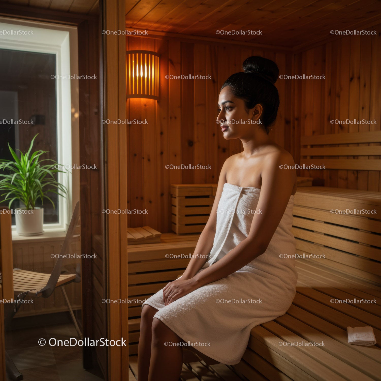 Relaksująca się kobieta siedząca w drewnianej saunie z ręcznikiem podczas sesji wellness