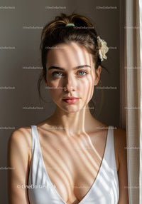 Elegant Young Woman with Bright Blue Eyes and Floral Hair Accessories