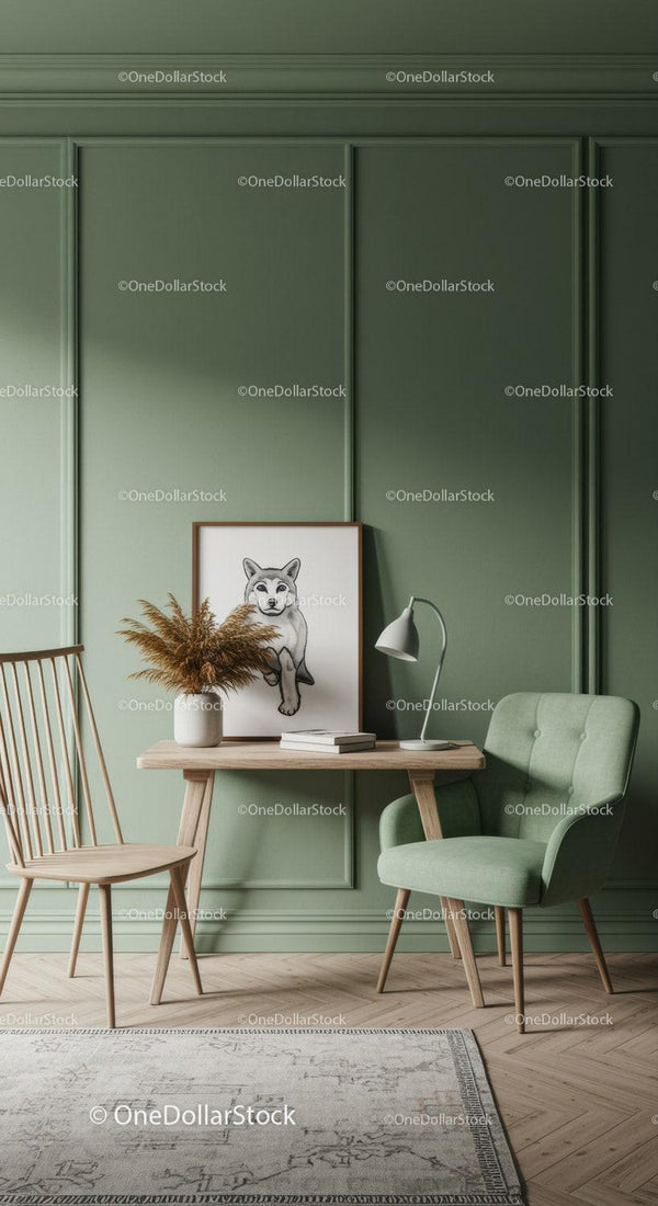 Elegant Green Wall Home Office with Potted Plant and Artistic Dog Portrait