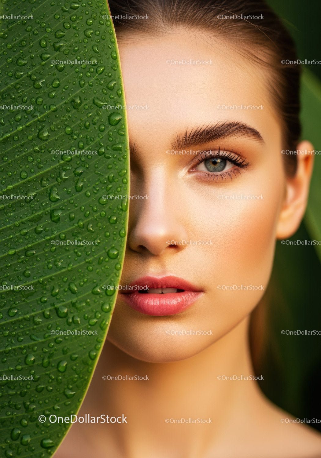 Close-Up of a Woman's Face with Blue Eye and Green Leaf in a Tropical Setting