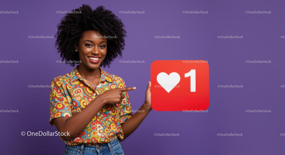 Vibrant Young Woman Holding Like Icon in Bright Casual Outfit