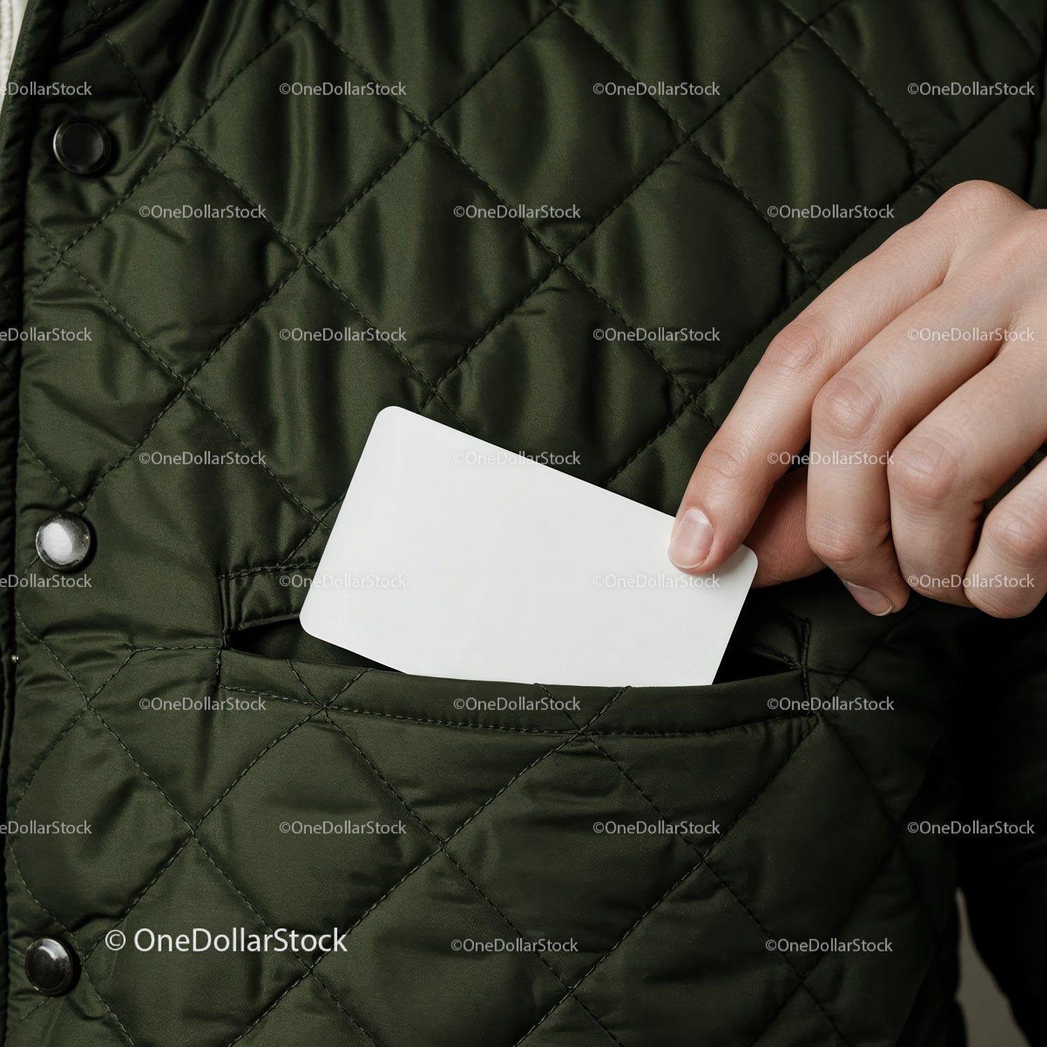 Hand Placing Blank Card into Quilted Green Jacket Pocket