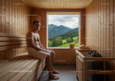Man Relaxing in Wooden Sauna with Mountain View Scenic Landscape