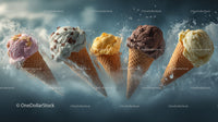 Colorful Assorted Ice Cream Cones with Scoops on Blue Background