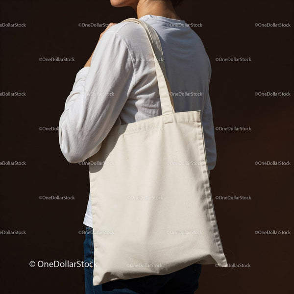 Person Carrying Plain Canvas Tote Bag on Shoulder JPG Mockup Image