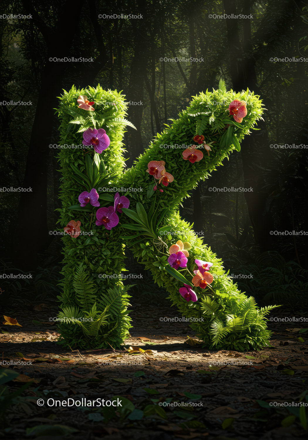 Floral Letter K Made of Green Leaves and Orchids