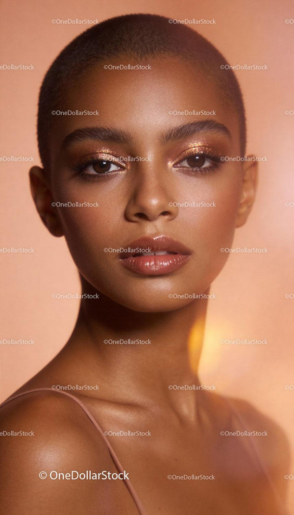 Confident woman with glowing skin and golden makeup