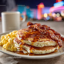 Sweet Pancakes with Bacon and Maple Syrup on a Breakfast Plate