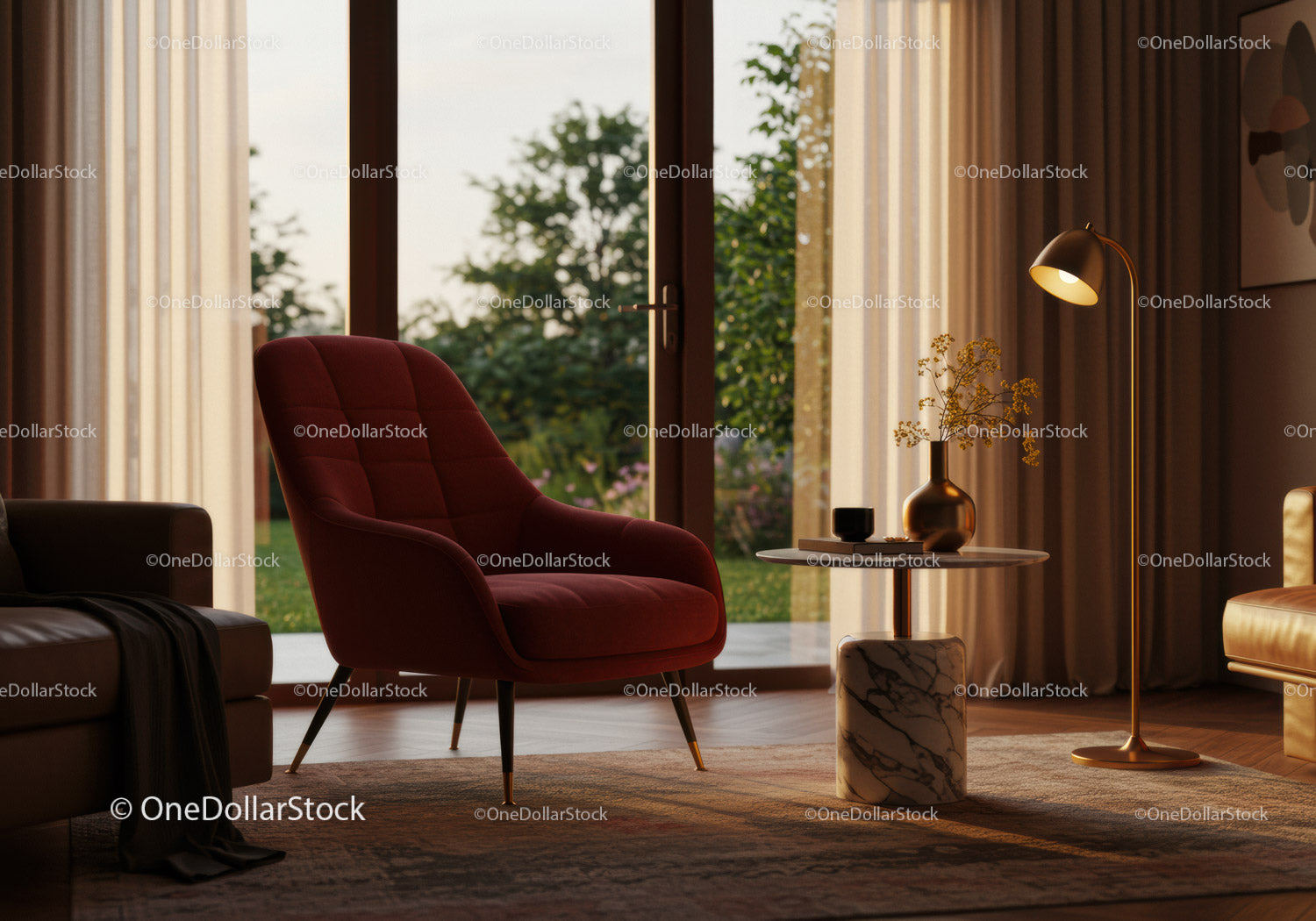 Modern living room with cozy red armchair and golden lamp