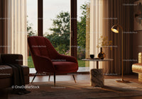 Modern living room with cozy red armchair and golden lamp