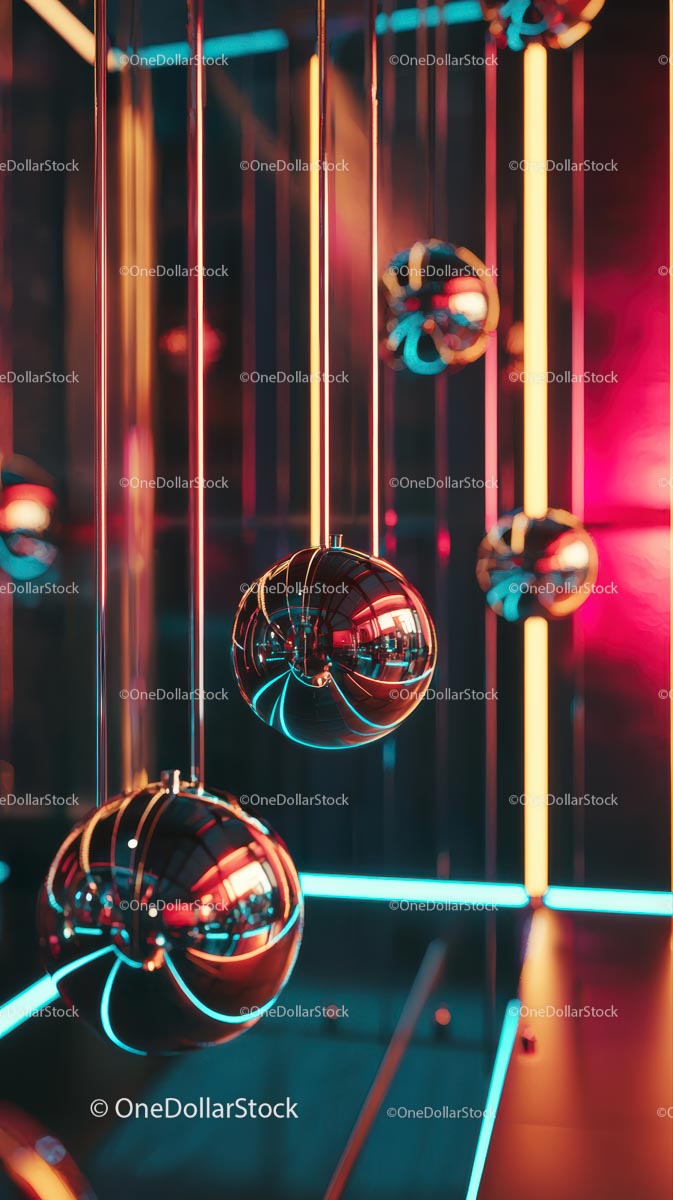 Neon Light Art Installation with Reflective Spheres and Vibrant Glow