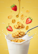 Fresh strawberries and cereal flakes splash in milk
