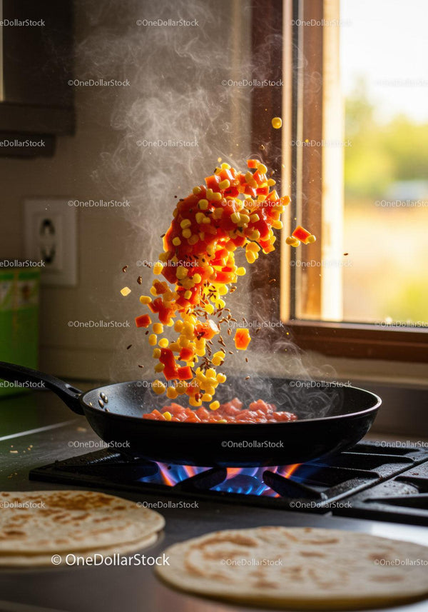 Sautéing colorful vegetables in a black frying pan