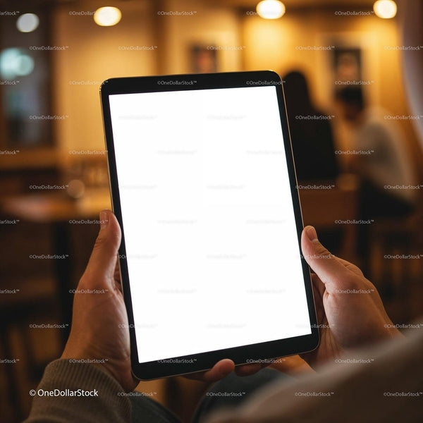 Person Holding Tablet with Blank Screen in Cozy Café JPG Mockup Image