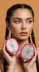 Close-Up of Beautiful Woman Holding Fresh Dragon Fruits with Braided Hair