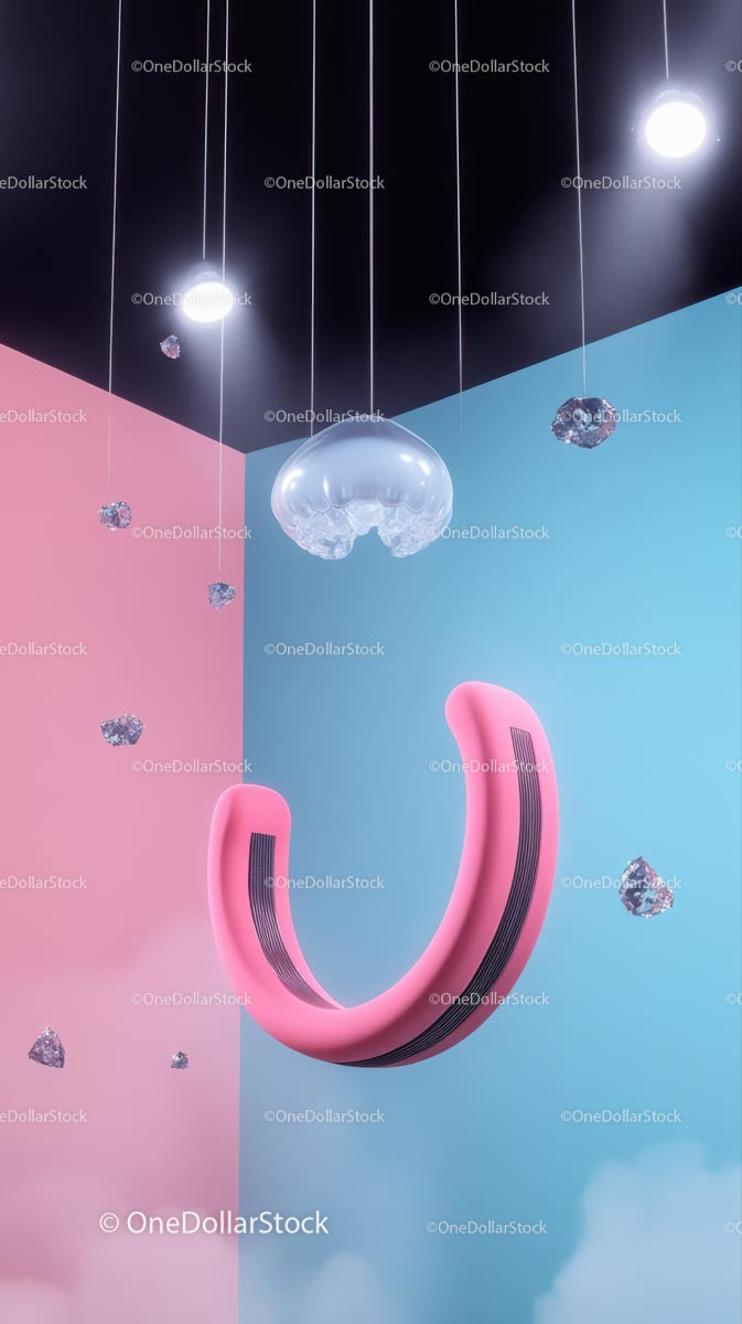 Pink Curved Headphones with Neon Lights in Trendy Modern Setting
