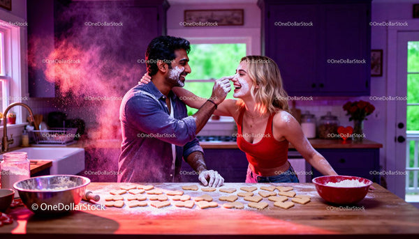 Couple having fun baking heart shaped cookies together