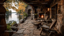 Rustic Lakeside Cabin with Fireplace and Autumn Foliage