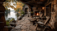 Rustic Lakeside Cabin with Fireplace and Autumn Foliage