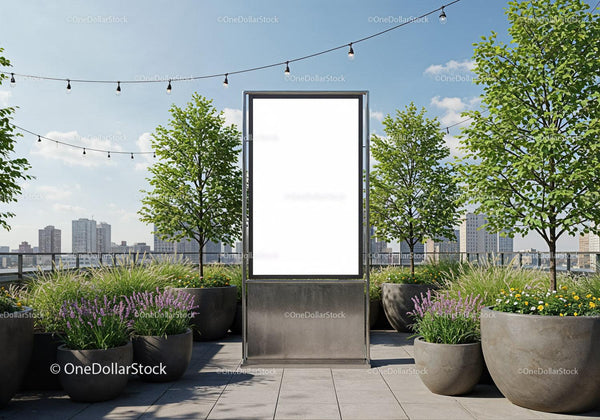 Blank billboard on urban rooftop with green plants JPG Mockup Image
