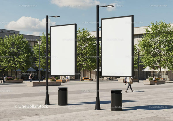 Blank Urban Billboards on Poles in Modern Public Square JPG Mockup Image