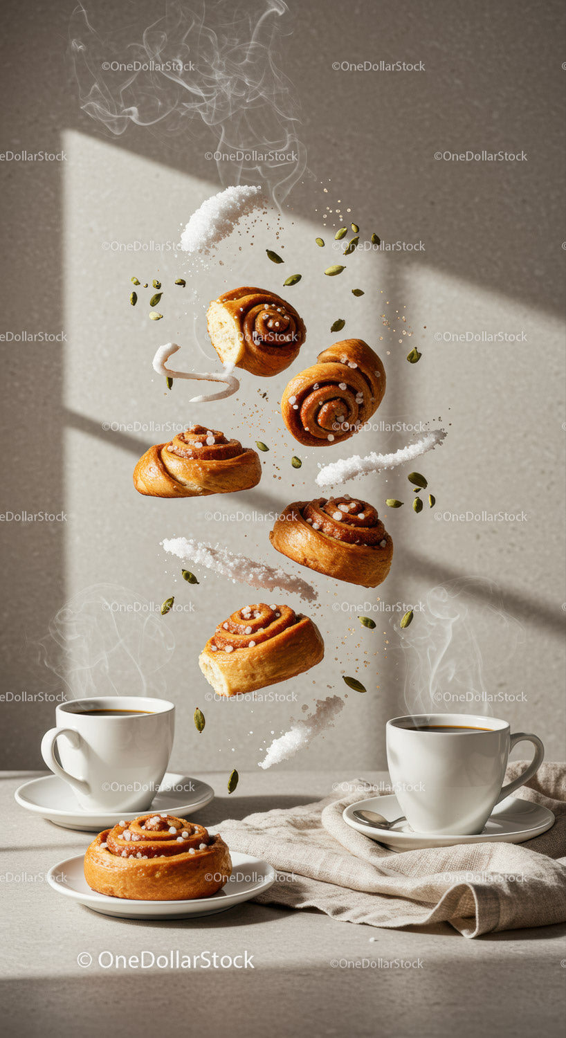 Cinnamon Rolls Floating with Coffee and Spices
