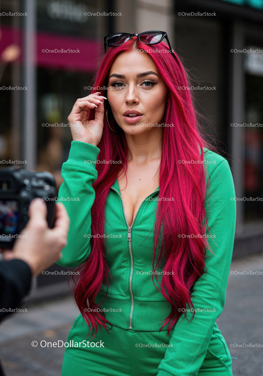 Vibrant Red Hair Woman in Green Tracksuit with Sunglasses in City