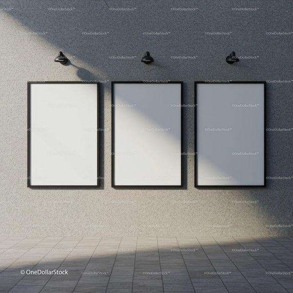 Three Blank Vertical Frames on Textured Concrete Wall JPG Mockup Image